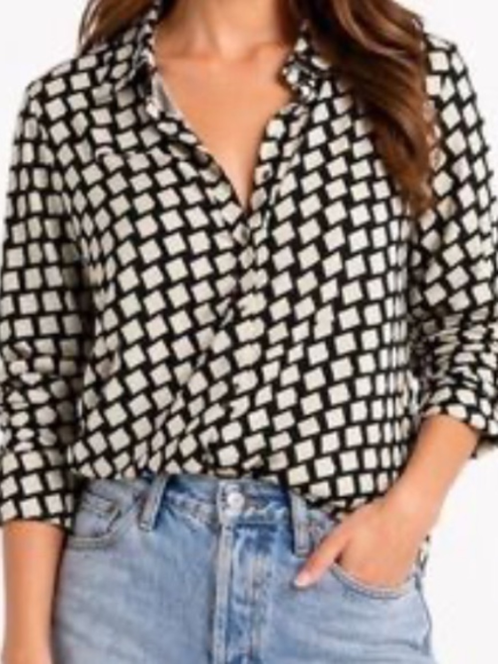 NWOT Tahari Black and Cream Geometric Print Button-Down Shirt